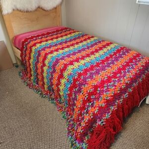 Vintage Pink Red Rainbow Crochet Throw Blanket Fringe Double Size Afghan Boho